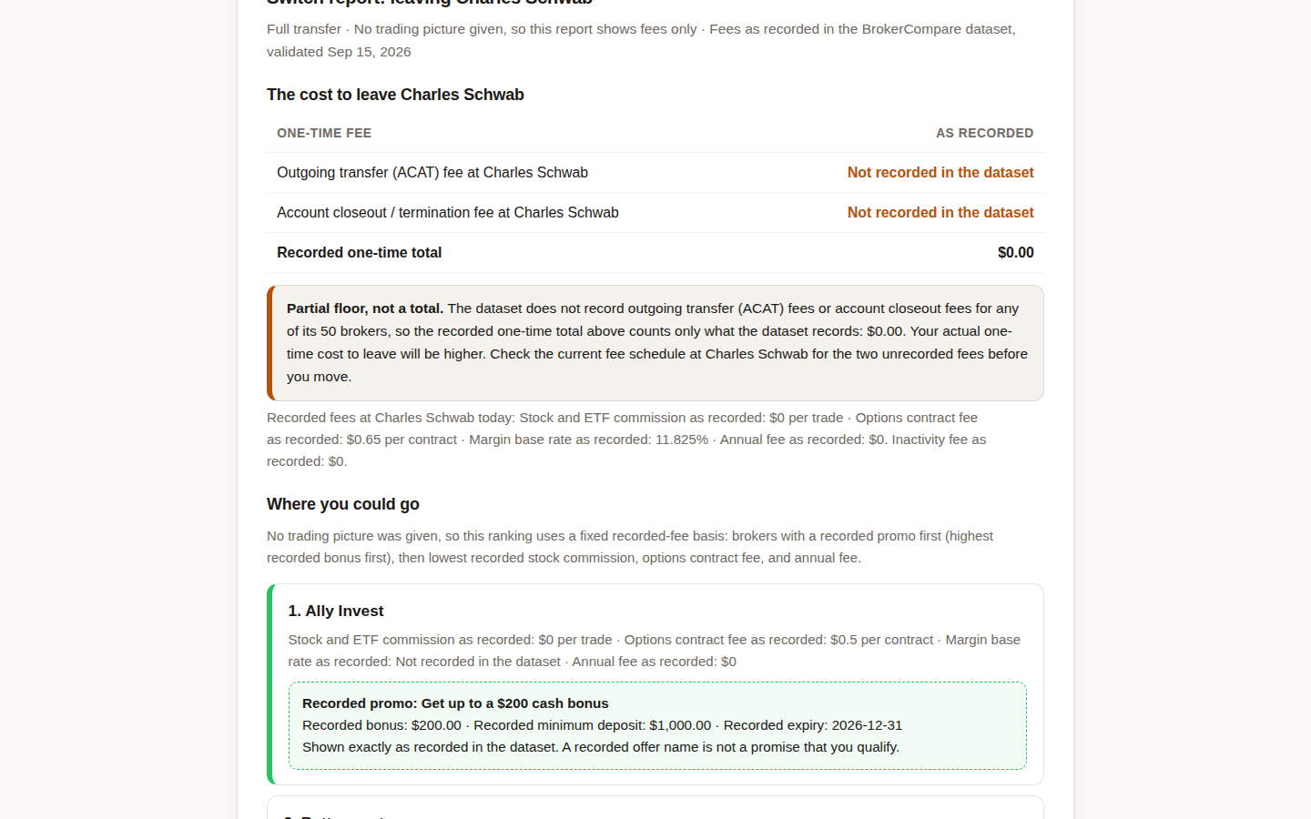 SwitchCost report showing the cost to leave Charles Schwab with ACAT and closeout fees marked not recorded